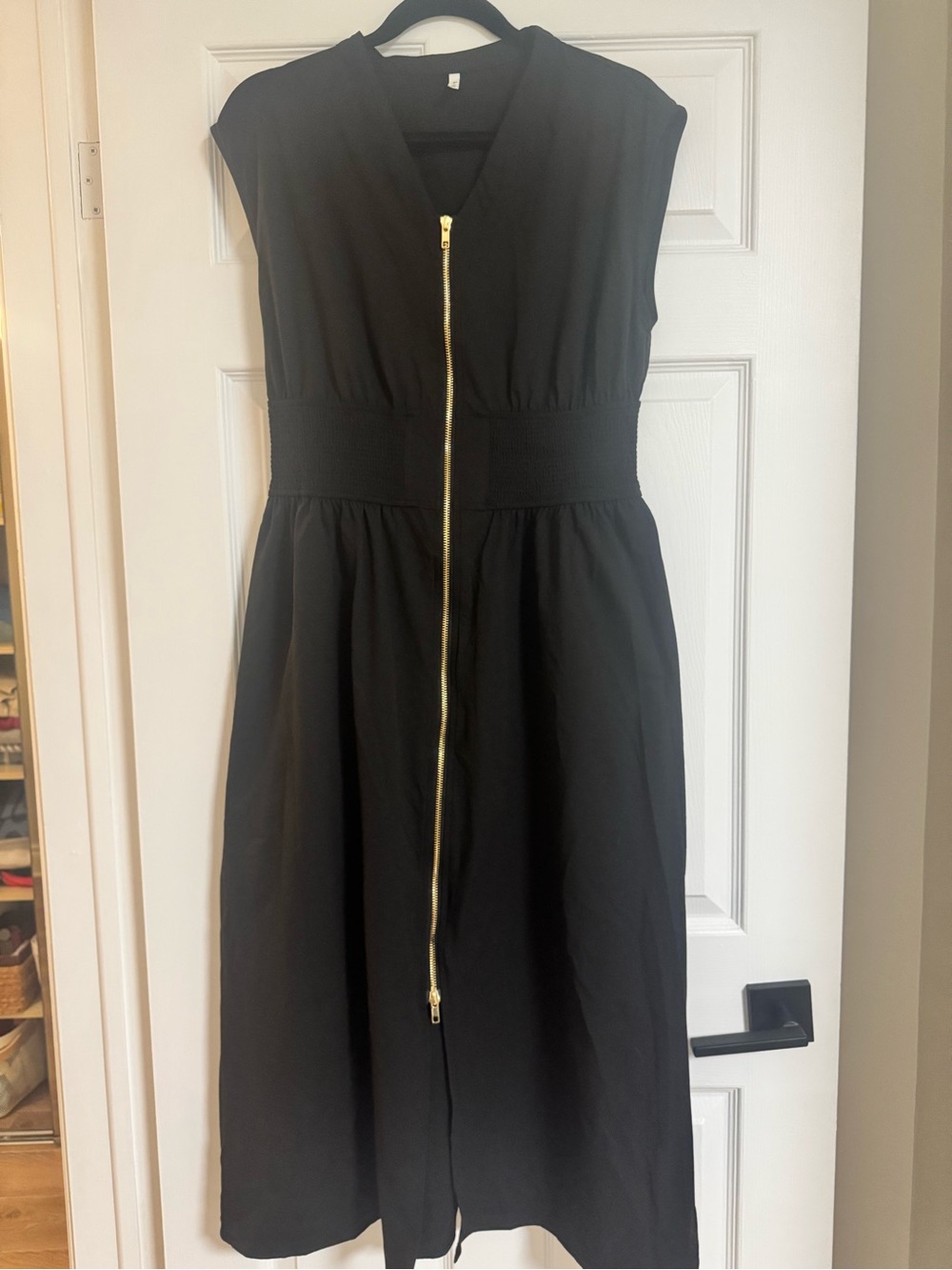 HALARA Black Midi Dress with Gold Front Zipper